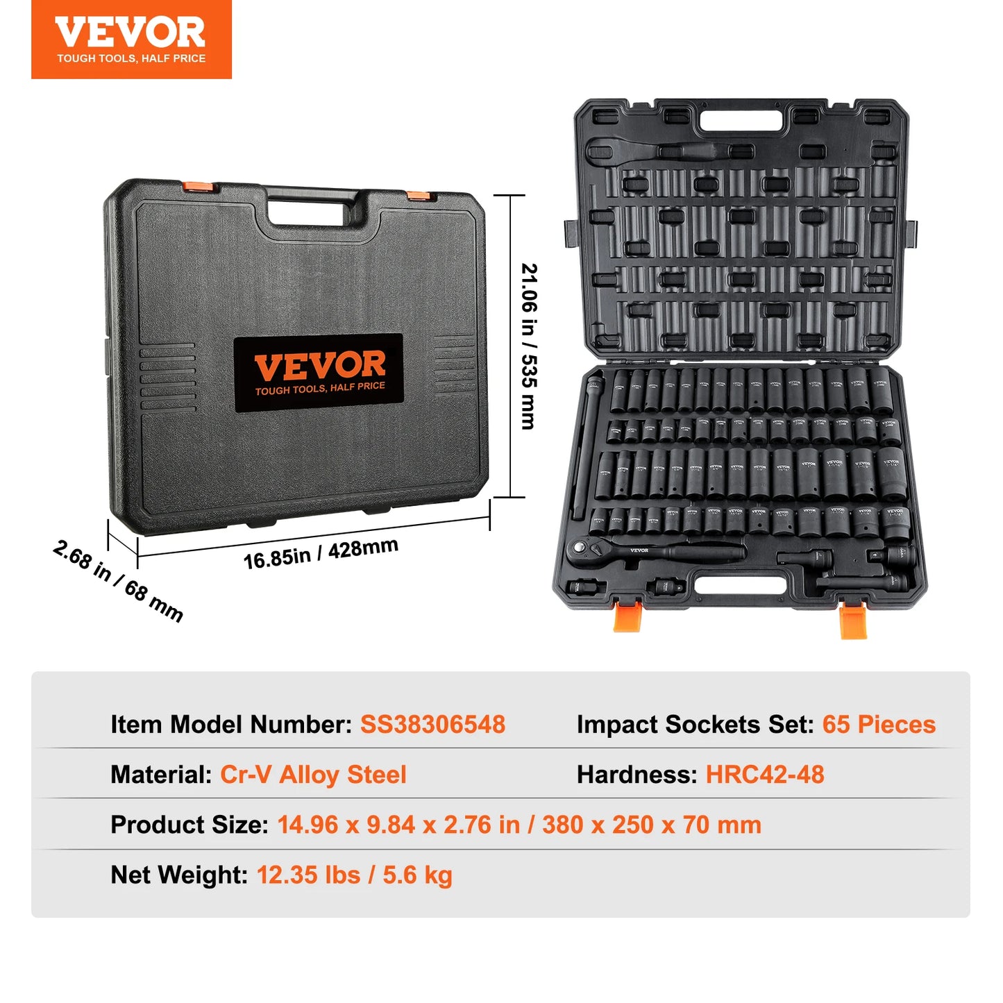 VEVOR 1/2" Drive Impact Socket Set  6 Point Cr-V Alloy Steel for Auto Repair Easy-to-Read Size Markings Rugged Construction
